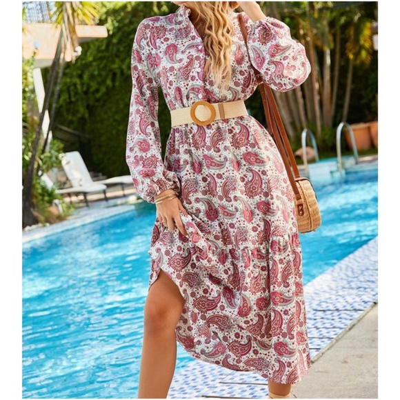 Boho Black Paisley Print Ruffle Midi Dress - Picture 5 of 9